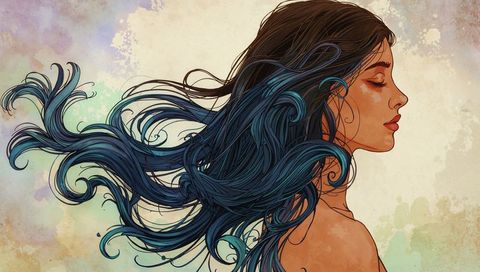 Elegant Portrait of Woman with Flowing Hair in Watercolor Style