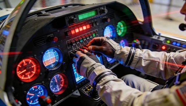 Pilot Operating Avionics Panel with Gloved Hands, Illuminated Analog and Digital Gauges