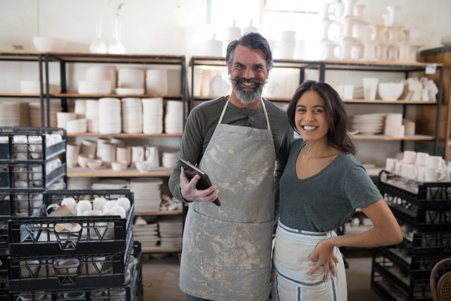 Two potter colleagues smiling and using a tablet in a pottery workshop. Shelves filled with ceramic pieces and pottery tools are visible in the background. Ideal for use in articles or advertisements about small businesses, artisan crafts, teamwork, and the integration of technology in creative industries.