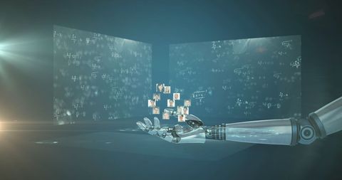 futuristic robot hand with floating equations and faces - Download Free Stock Images Pikwizard.com