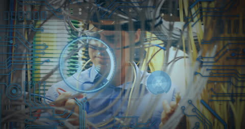 IT Professional Analyzing Server Data with Futuristic Interface