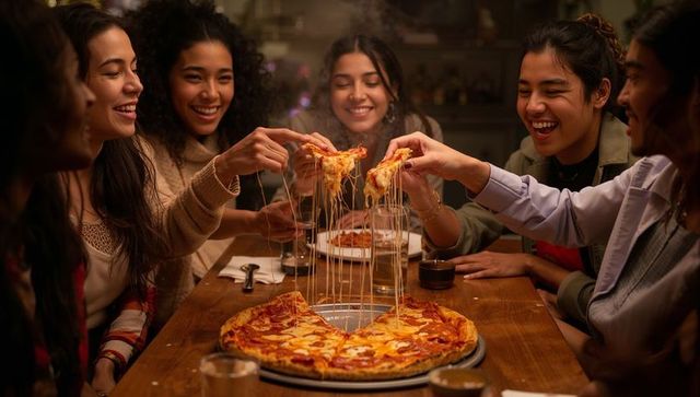 Friends sharing gooey pepperoni pizza around cozy kitchen table during casual night in