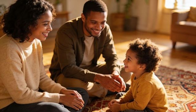 Smiling parents playing with toddler on sunlit rug at home, cozy family bonding moment