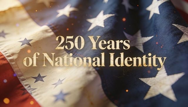 Commemorating 250 years of united states identity with vintage flag close-up and gold text