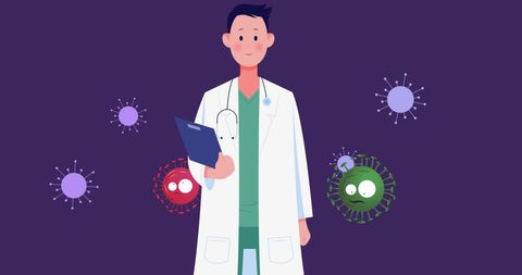 Cartoon Doctor Amidst COVID Viruses with Purple Background