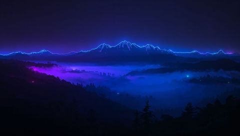 Neon mountain ridge glowing over fog-filled valley with magenta mist and cyan beacons