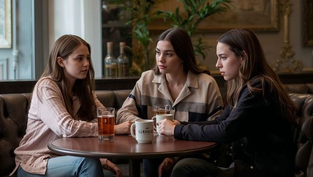 Three women having intense conversation in cozy cafe booth with coffee and tea
