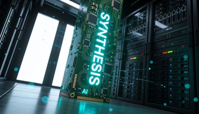 Glowing ai accelerator pcb synthesis in futuristic server rack aisle