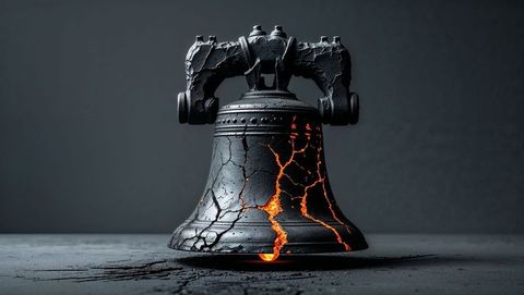 Cracked metal bell revealing glowing molten hell core
