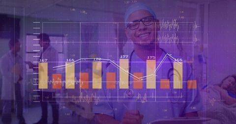 Smiling clinician consulting at bedside with transparent analytics overlay showing teamwork