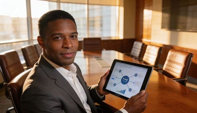 Executive holding tablet presenting strategy diagram in sunlit boardroom