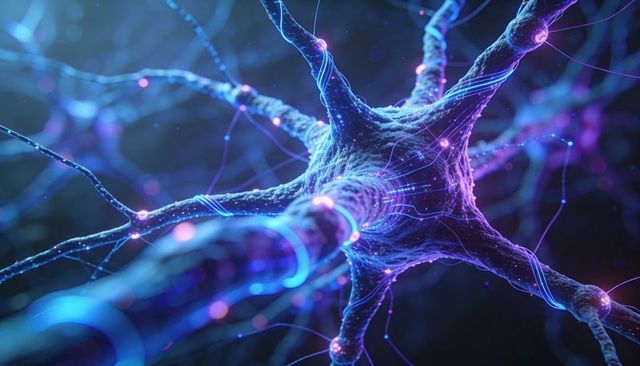 Glowing neuron network transmitting signals along dendrites and axon, neon synaptic strands