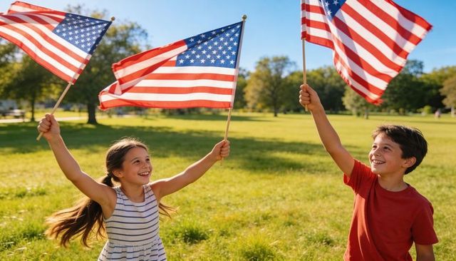 Children waving american flags in sunny park celebrating independence day