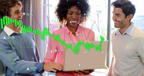 Team collaborating over laptop presenting financial analytics with interactive stock charts