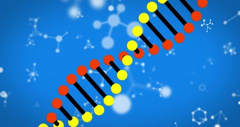 Colorful dna strand and molecules on blue background
