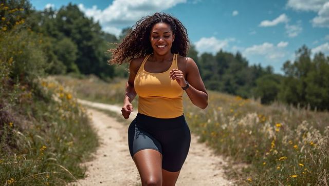 Smiling woman running on sunlit meadow trail in yellow tank and black shorts for fitness