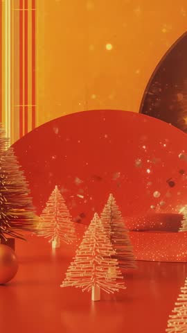 Vertical Holiday Loop Drifting Gold Glitter Swirling Around Metallic Trees on Red Tabletop