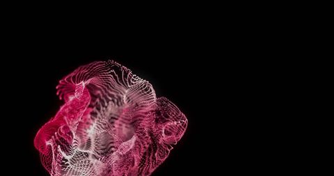 Flowing magenta-pink particle mesh glowing on black with neon ribbon and wireframe effect