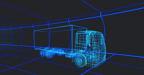 Rotating neon wireframe box truck in futuristic tunnel grid 3d render