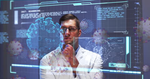 Caucasian Doctor Analyzing Virus Cells on Digital Screen Interface