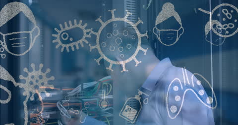Technician Analyzing Server with Digital Pandemic Icons