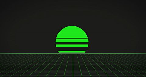Neon Green Digital Sunrise in Retro Grid World
