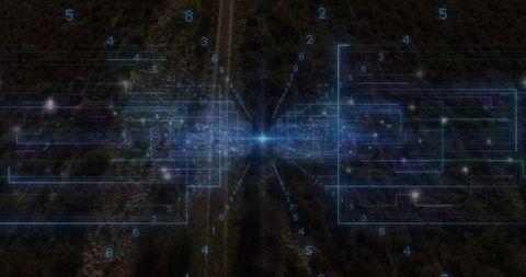 Holographic data nexus projecting over aerial forest trail, blue ar mapping visualization
