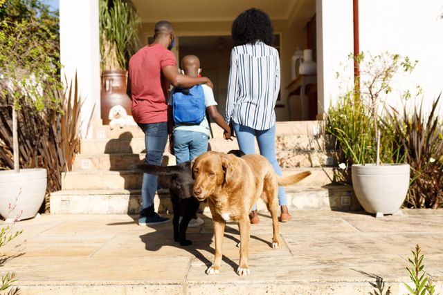 This image depicts an African-American family walking up porch stairs with their two dogs. The father has his arm around their son, while the mother holds the son's hand. This photo can be used for themes related to family bonding, pet ownership, home life, and togetherness. It is suitable for advertisements, blogs, and articles focusing on family values, pet care, and lifestyle.