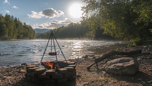 Riverside campfire with tripod cooking pot at misty sunrise, forest riverbank camping