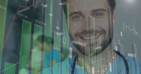 Smiling Doctor Overlaid with Statistical Data Highlights Healthcare Analytics