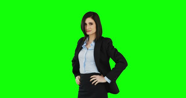 This image features a confident businesswoman dressed in professional attire, standing against a green screen background. It can be used for presentations, corporate training materials, marketing campaigns, or any context where you need to impose a different background to suit specific needs. The green screen allows for easy background removal, making the subject exceptionally versatile for various creative projects.