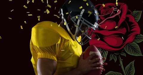 Rugby Player Amidst Rose and Falling Confetti Celebration Concept