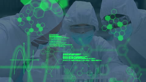 Scientists in Protective Gear Analyzing Data with Digital Interface Overlay