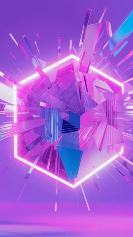Pulsing Neon Hexagon Shattering into Crystalline Shards - Vertical Motion Loop