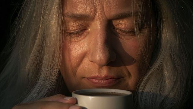 Mature woman savoring morning coffee with closed eyes holding white cup side-lit closeup