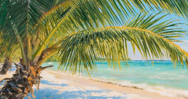 AI-Generated Tropical Beach with Swaying Palm Trees and Turquoise Waves