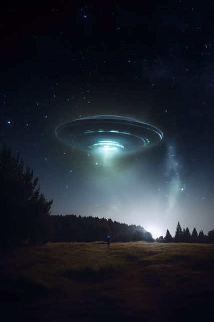 Mysterious UFO glowing in the night sky above a field with tree line in the background. Perfect for use in sci-fi themes, excitement and curiosity themes, extraterrestrial investigation, blog posts, articles, and book covers related to aliens, space exploration, or paranormal activities.
