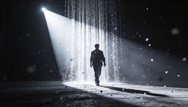 Walking silhouette passing through falling water under dramatic spotlight on dark stage