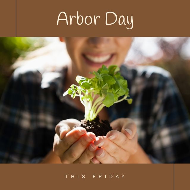 Arbor Day Celebration with Woman Smiling Holding Seedling - Download Free Stock Templates Pikwizard.com