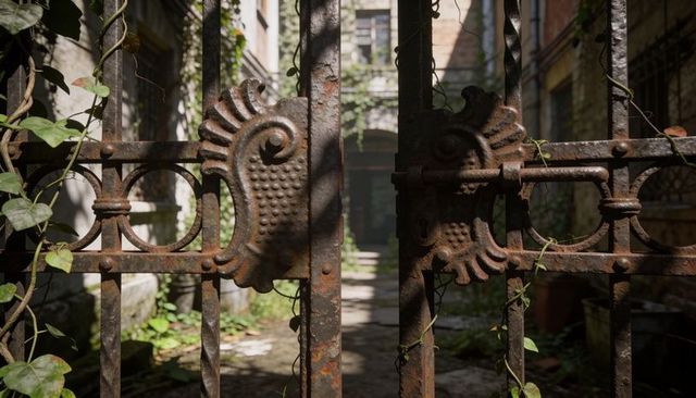 Ornate rusted iron gate opening to sunlit ivy-filled courtyard