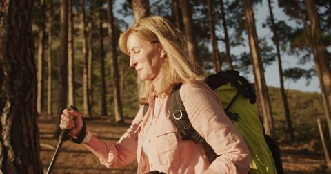 Active Mature Woman Hiking in Sunlit Forest with Poles and Backpack - Download Free Stock Images Pikwizard.com