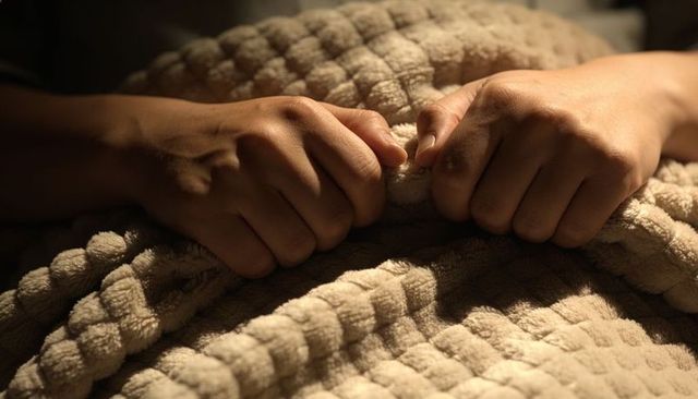Clutching hands gripping plush waffle blanket under warm nightlight