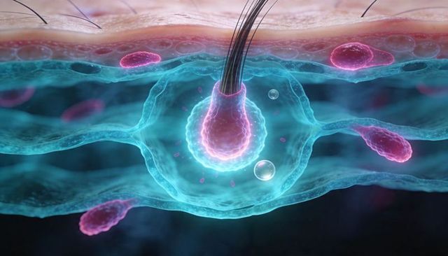 3d medical illustration hair follicle bulb scalp cross-section showing cellular detail