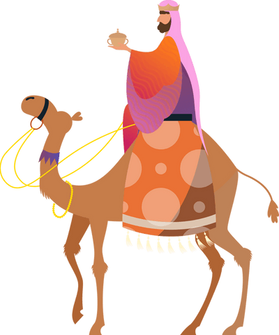 Crowned traveler on camel holding golden vessel, transparent background