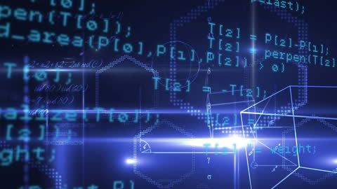 Abstract Data Streams Over Hexagons and Light Spots, Blue Background