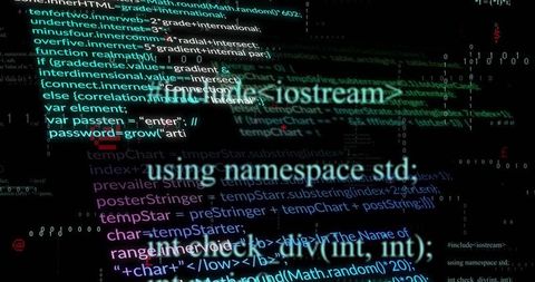 Glowing C++ Code Streaming with Binary Digits in Neon Cyber Matrix Interface