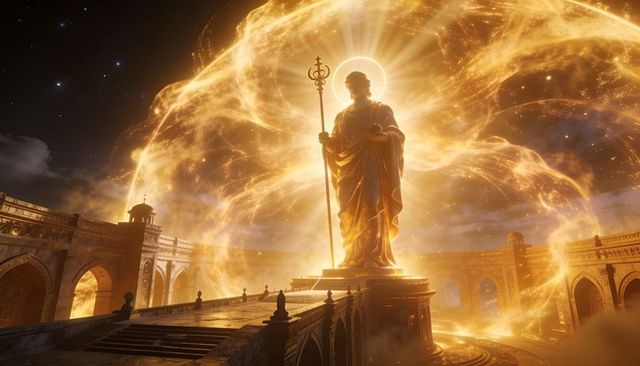 Gilded statue radiating golden aura, towering over marble bridge and colonnade at night