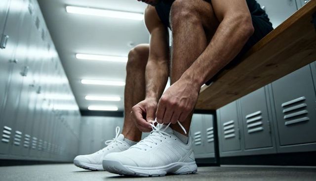Male athlete tying white running sneakers on wooden locker room bench