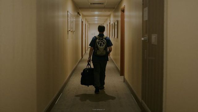 Solo traveler walking down quiet hotel corridor carrying backpack and duffel bag at night
