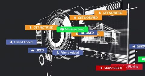 Futuristic hud with notifications and wireframe house display